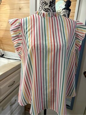 SHEIN White Multi-Stripe Ruffle Sleeve Mock Neck Top